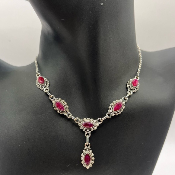 Jewelry - Marquise Cut Genuine Ruby Vintage 925 Sterling Silver Necklace